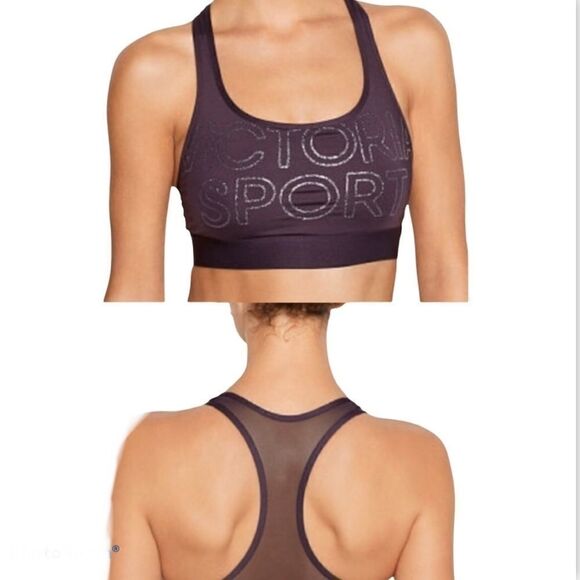 Victoria’s Secret Sports bra purple mauve mesh large logo NWOT -S - Picture 1 of 9